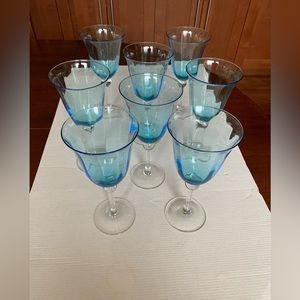 Set of 8 turquoise blue 9” tall large size wine glasses with clear glass stem